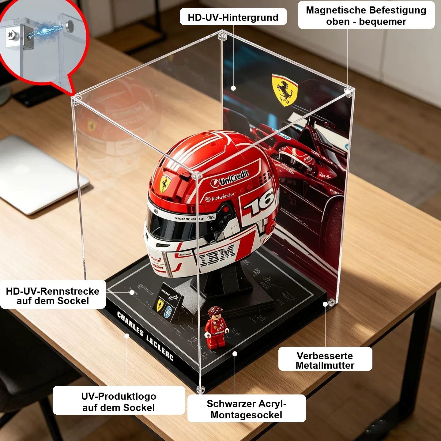 Hochwertige staubdichte und UV-beständige Acryl-Vitrine – passend für LEGO 43014 Leclerc-Helm und Hamilton-Helm