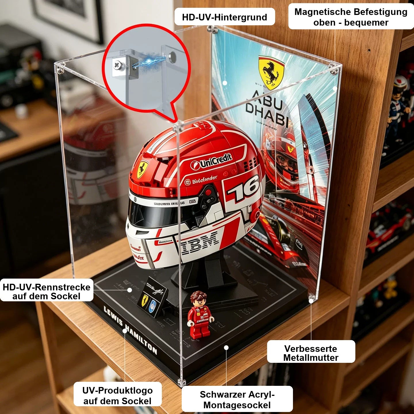 Hochwertige staubdichte und UV-beständige Acryl-Vitrine – passend für LEGO 43014 Leclerc-Helm und Hamilton-Helm