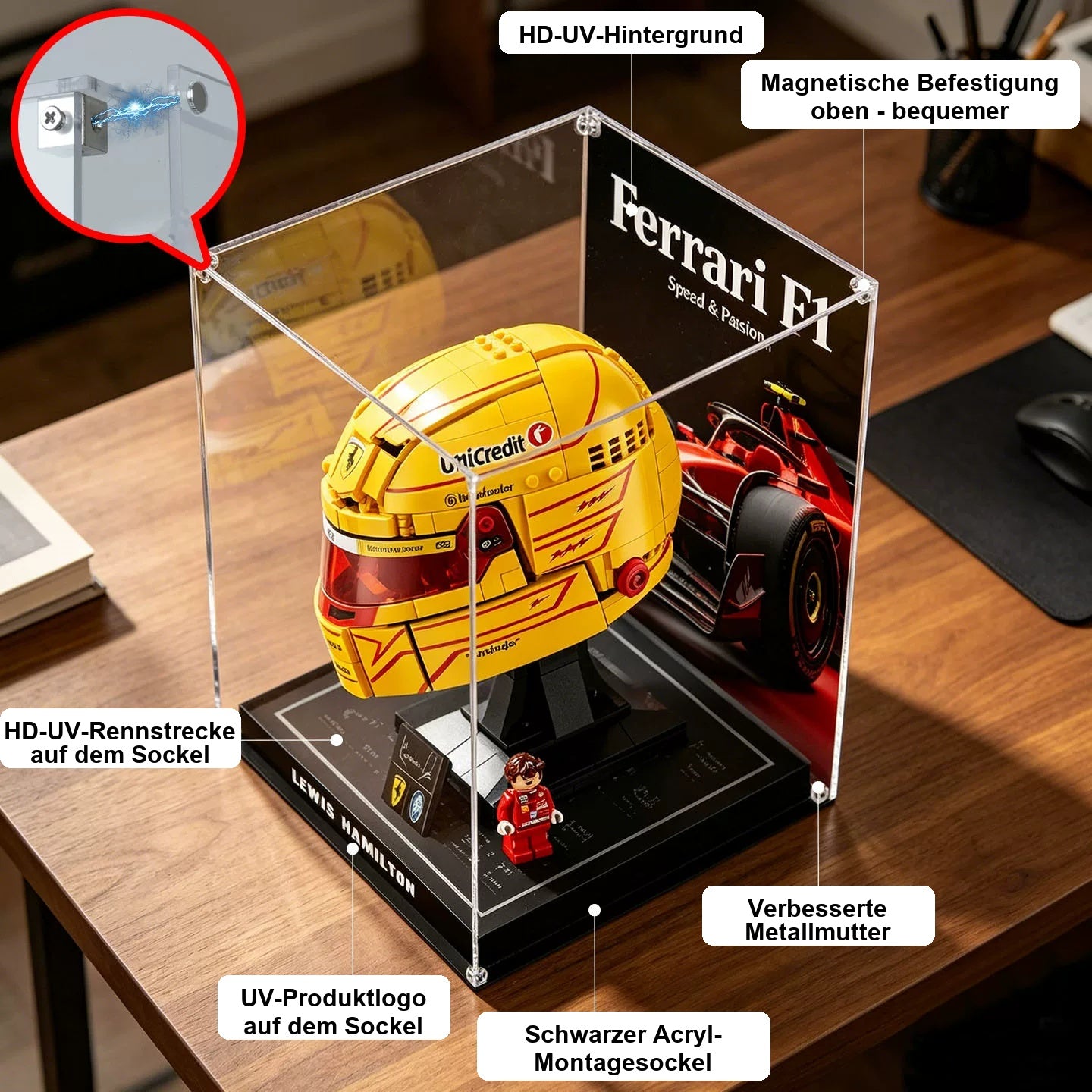 Hochwertige staubdichte und UV-beständige Acryl-Vitrine – passend für LEGO 43014 Leclerc-Helm und Hamilton-Helm