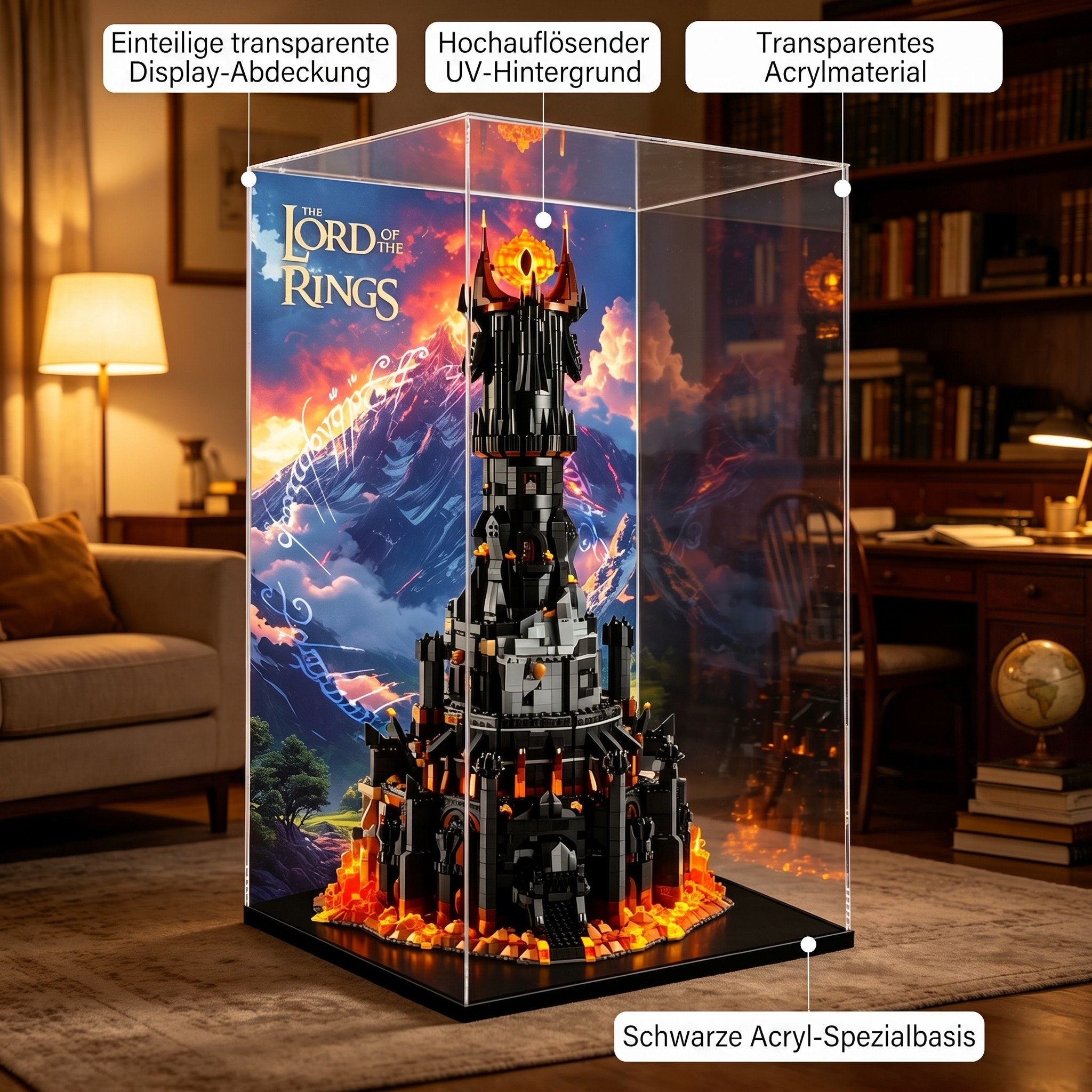 Staubdichte HD-Acryl-Vitrine mit UV-Schutz kompatibel mit LEGO Star Trek 10333 Der Herr der Ringe: Barad-dûr
