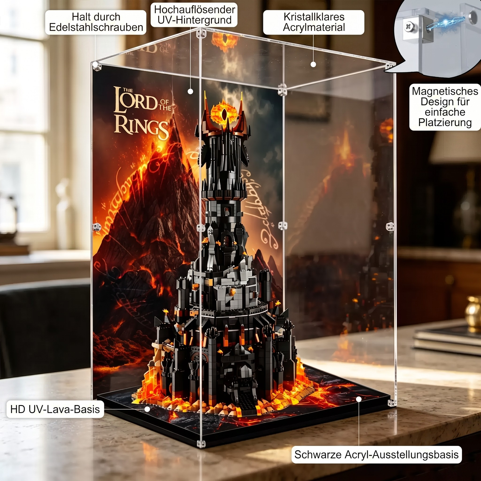 Staubdichte HD-Acryl-Vitrine mit UV-Schutz kompatibel mit LEGO Star Trek 10333 Der Herr der Ringe: Barad-dûr