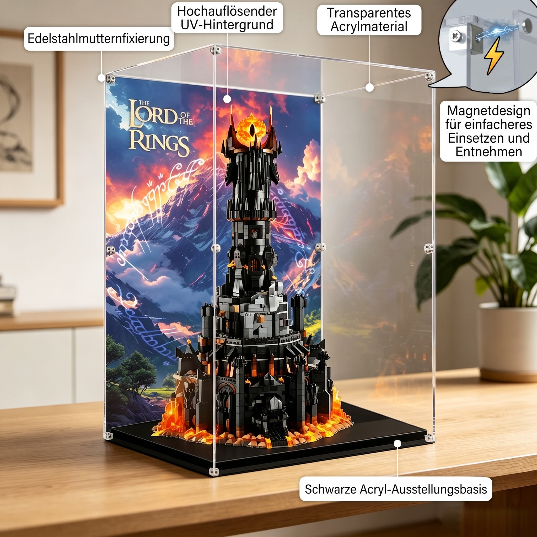 Staubdichte HD-Acryl-Vitrine mit UV-Schutz kompatibel mit LEGO Star Trek 10333 Der Herr der Ringe: Barad-dûr