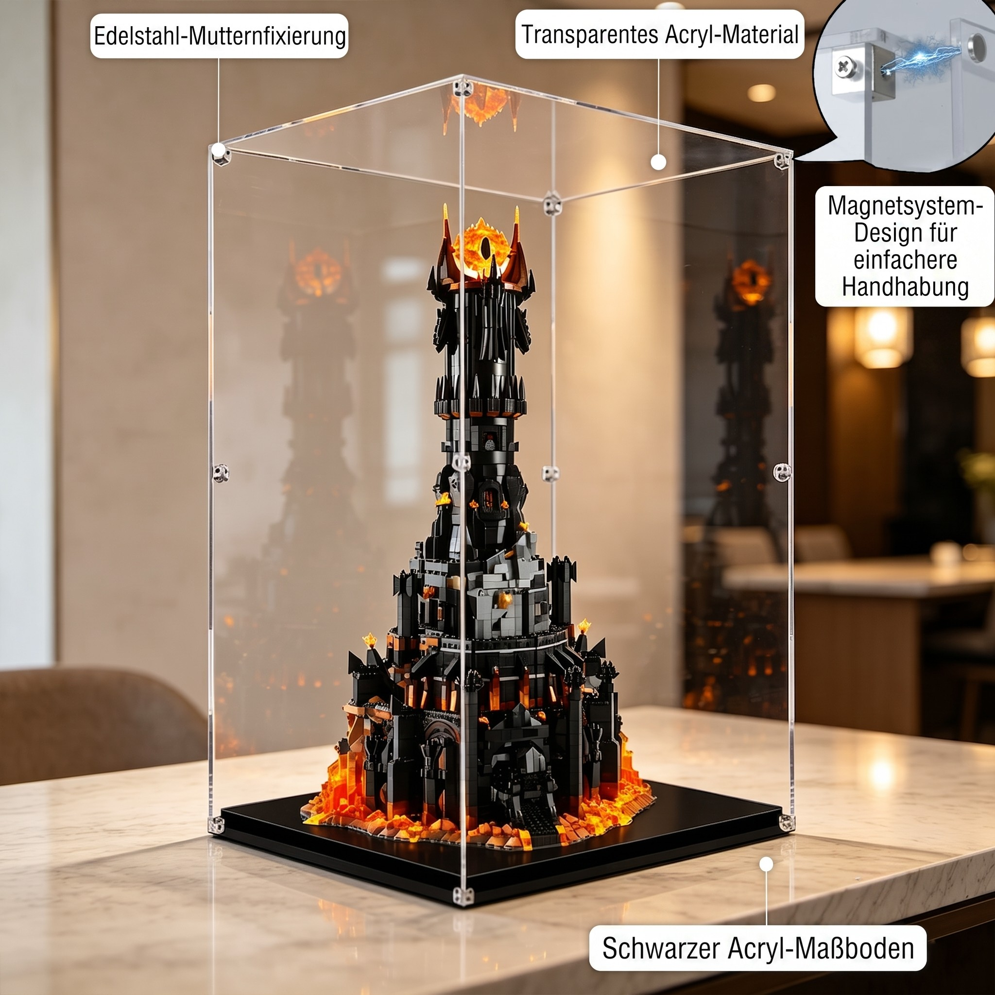 Staubdichte HD-Acryl-Vitrine mit UV-Schutz kompatibel mit LEGO Star Trek 10333 Der Herr der Ringe: Barad-dûr