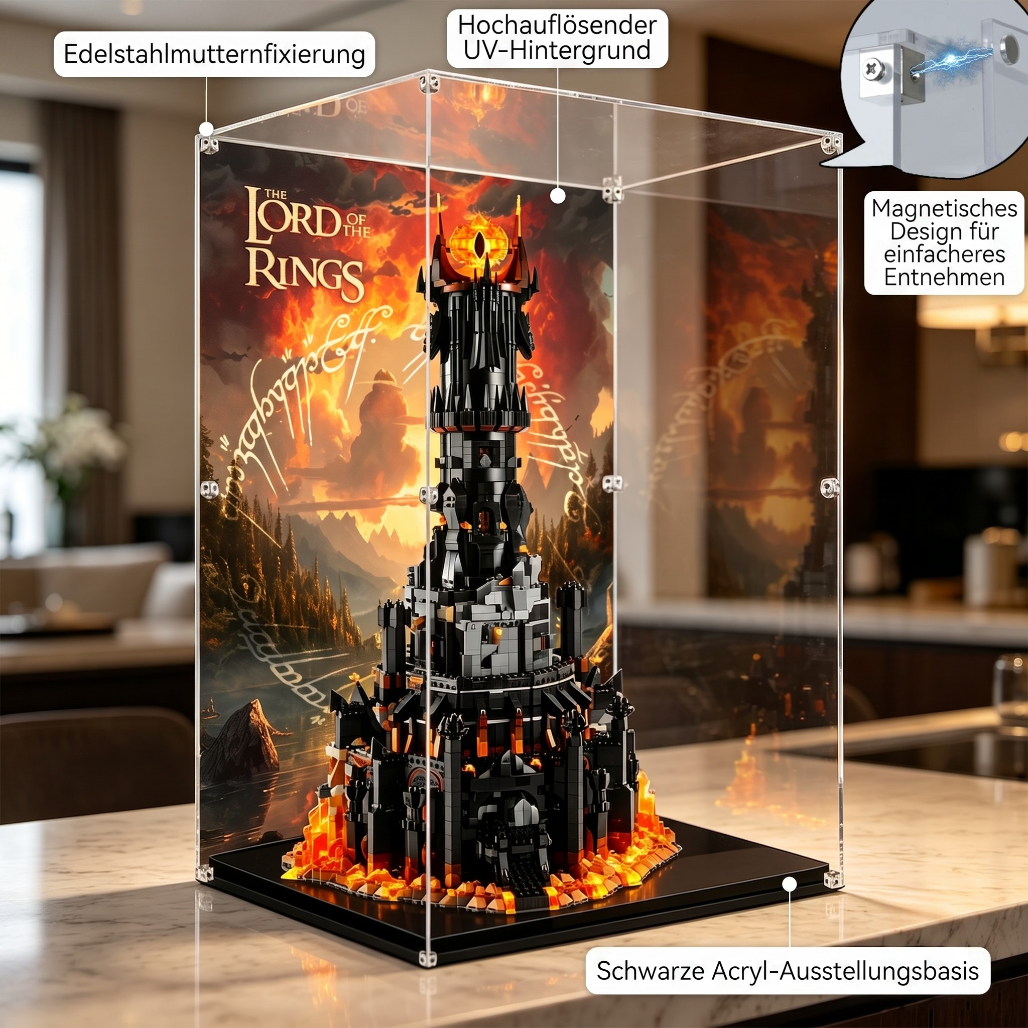 Staubdichte HD-Acryl-Vitrine mit UV-Schutz kompatibel mit LEGO Star Trek 10333 Der Herr der Ringe: Barad-dûr